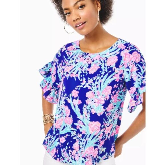 Lilly Pulitzer Tops - Lilly Pulitzer Womens Darlah Floral Ruffle Sleeve Corsica Blue Size Small‎ NWT